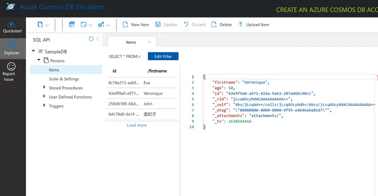 Exploring sample data in the Cosmos DB Emulator