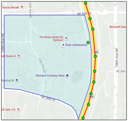 GPS轨迹显示一辆卡车沿着520号公路行驶，除一个在校园内的GPS读数外，所有读数都在公路上