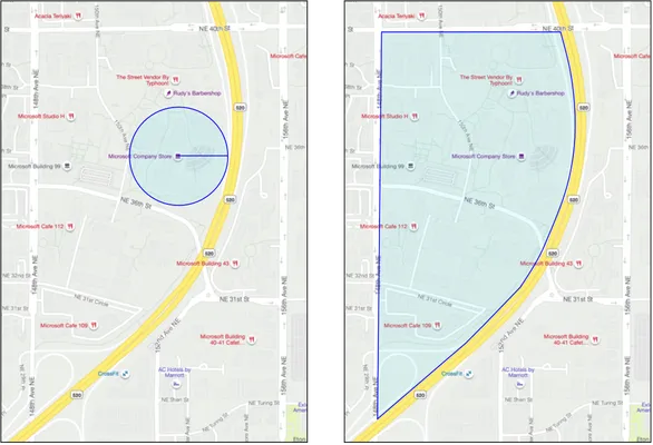 一些地理围栏示例，显示了围绕微软公司商店的圆形地理围栏，以及围绕微软西区校园的多边形地理围栏