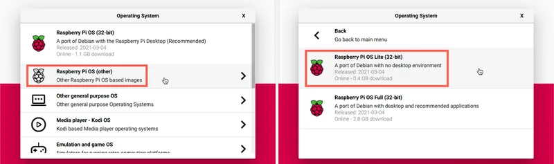 带有 Raspberry Pi OS Lite 选择的 Raspberry Pi Imager