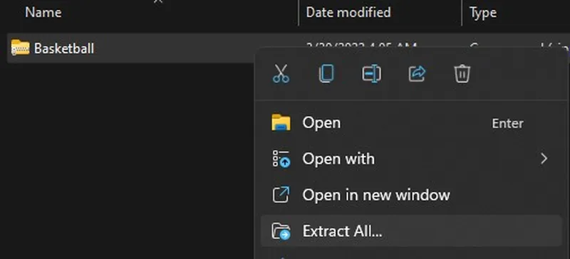 Windows资源管理器截图,突出显示压缩文件夹中的“全部提取”选项
