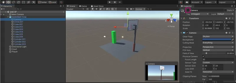 Unity的层次结构、场景和检查器窗口截图。检查器窗口的禁用按钮被高亮显示