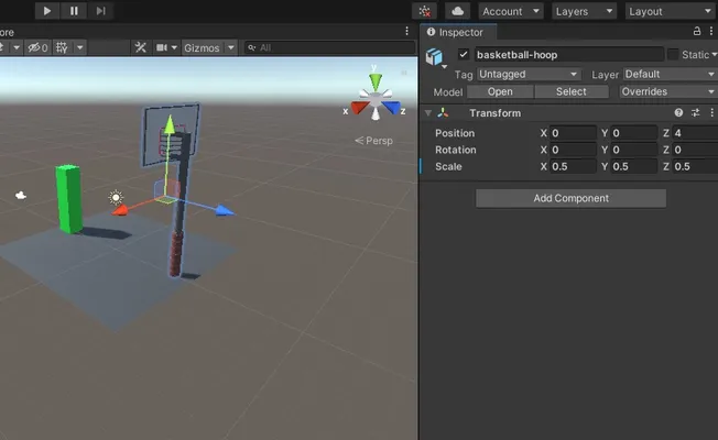 Unity场景中包含3D篮球筐和检查器窗口的截图