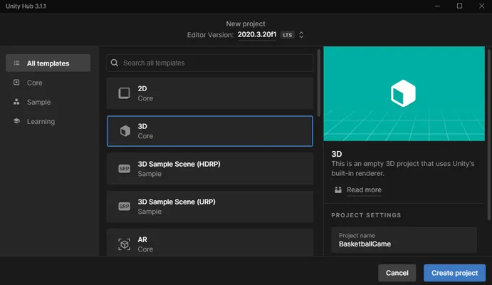 Unity Hub的模板选择屏幕截图