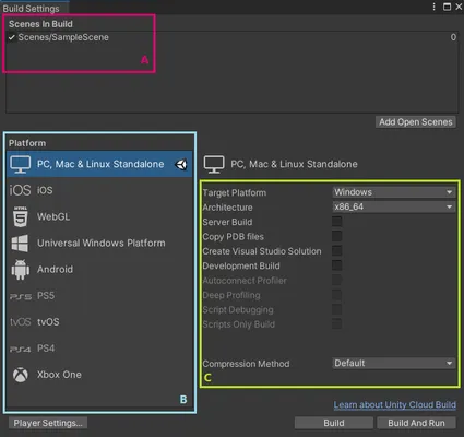 Unity构建设置的截图，包括场景、平台和平台设置。