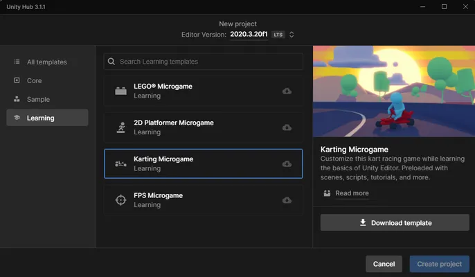 Unity Hub截图，展示了Karting Microgame学习模板。