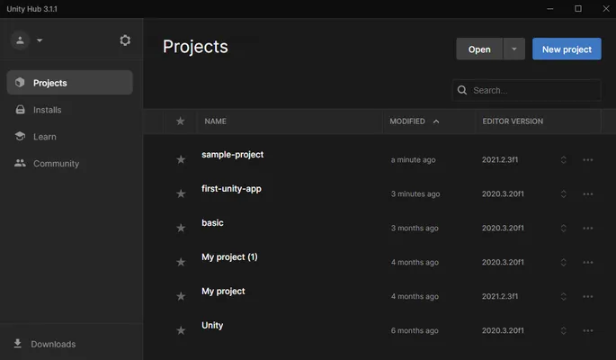 Unity Hub的截图。