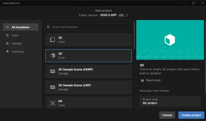Unity Hub中的新建项目窗口截图。