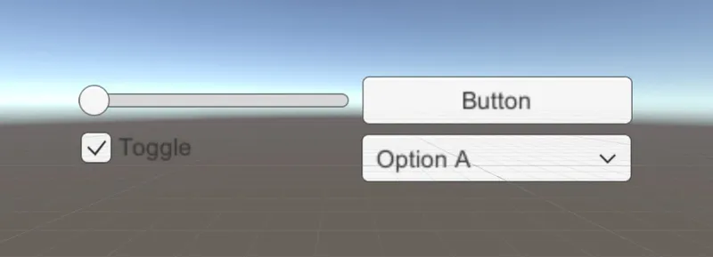 Unity UI 的截图，包括滑块、按钮、切换和下拉菜单。
