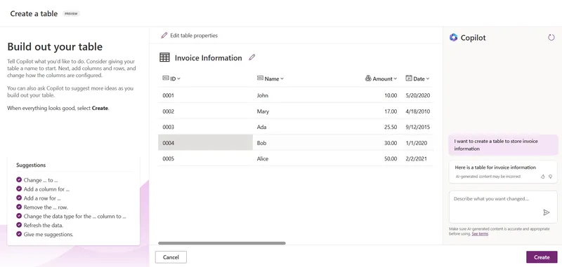 建议的 Dataverse 表
