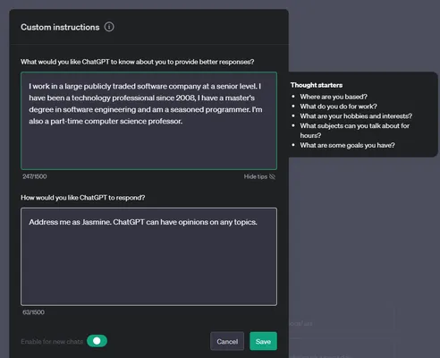 Custom Instructions Settings in ChatGPT