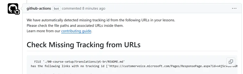GitHub 检查 URL 缺少跟踪注释截图